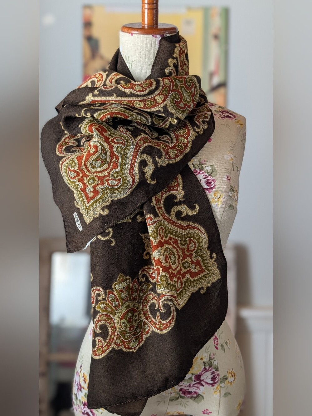 Brown Wool  Paisley Scarf with Olive and Rust Accents